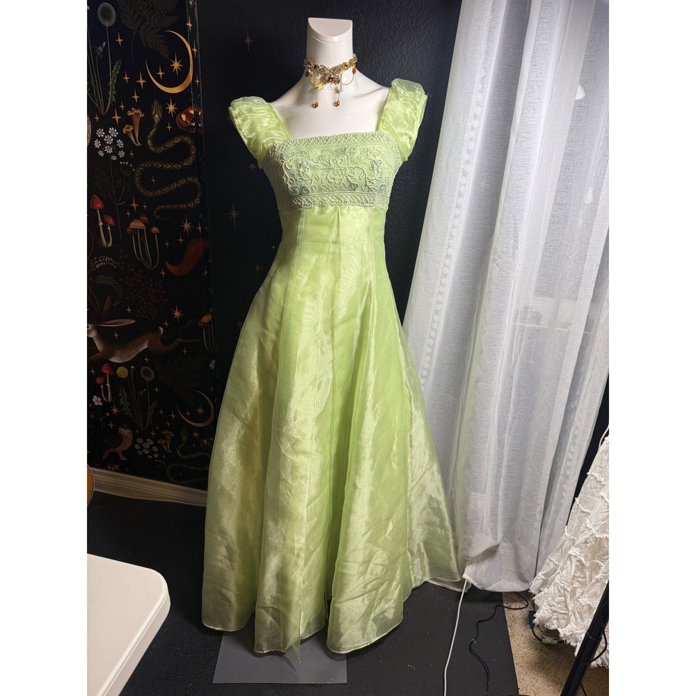 Vintage Jody California Lime Green Organza Embroidered Formal Gown Dress 1/2